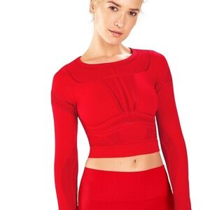 Fabletics Womens Athletic Red Seamless Cropped Long Sleeve Workout Top Pilates